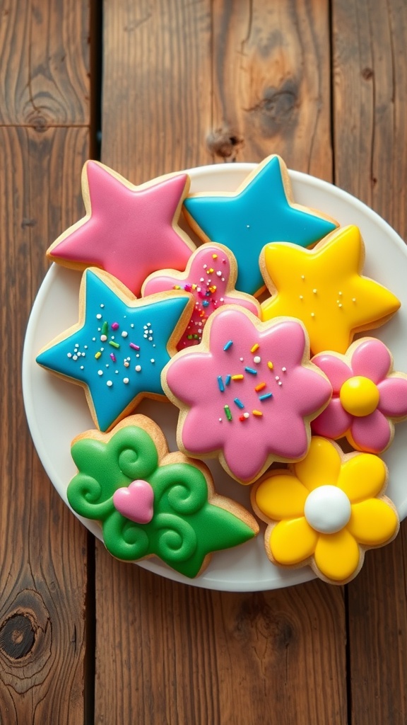 Colorful Decorated Sugar Cookies Recipe Colorful decorated sugar cookies in various shapes on a white plate, garnished with sprinkles, on a rustic table.